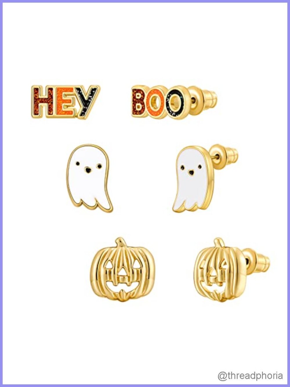 Halloween Stud Earrings Set Pumpkin Ghost BOO 3 Pairs Brass Push Back